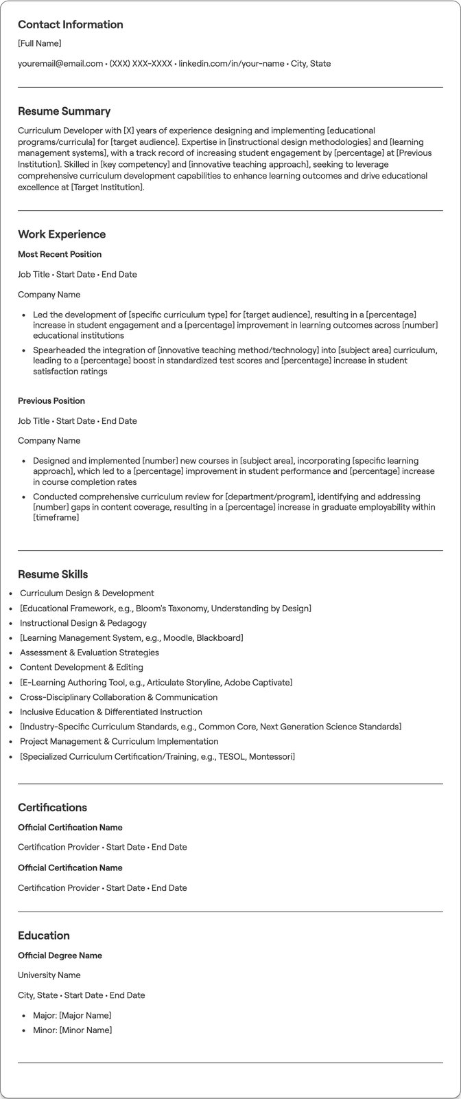 Curriculum Development resume example