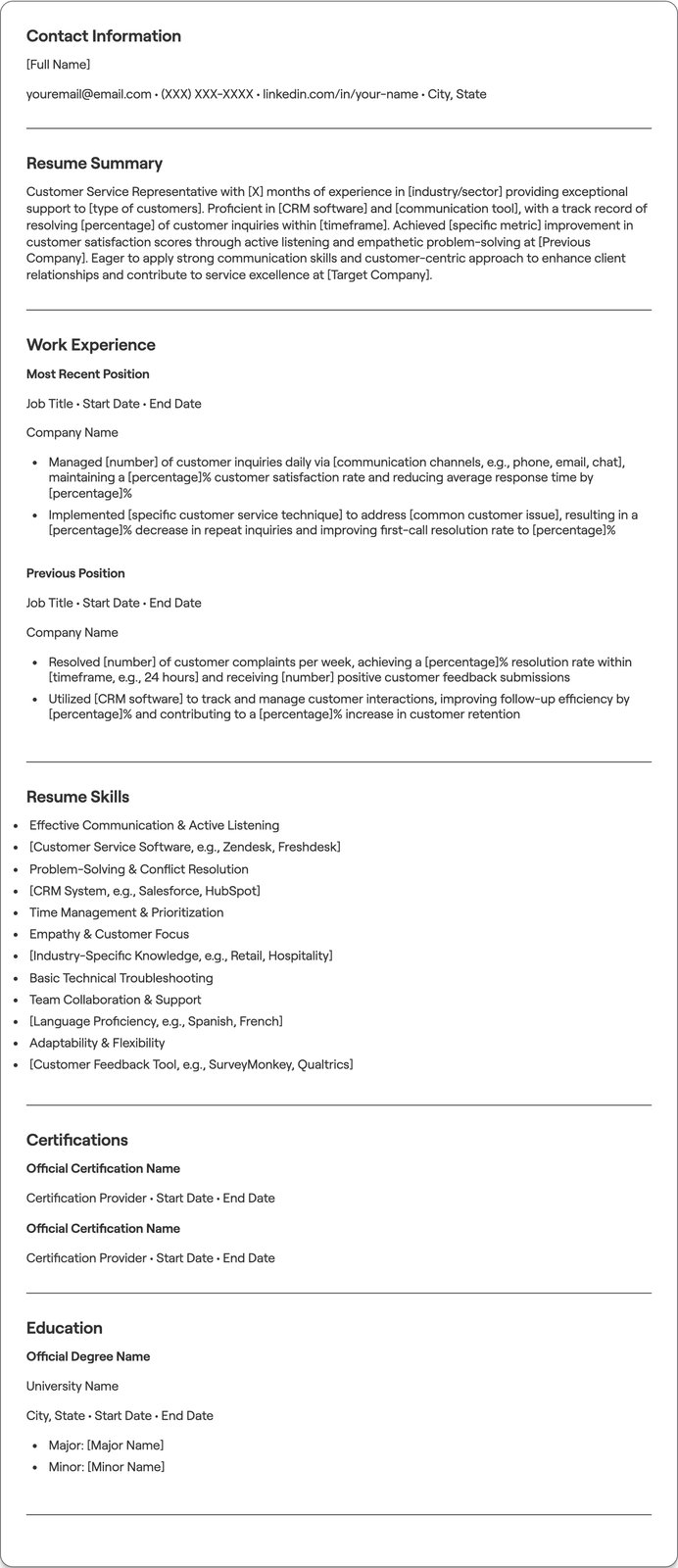 Beginner Level Customer Service resume example