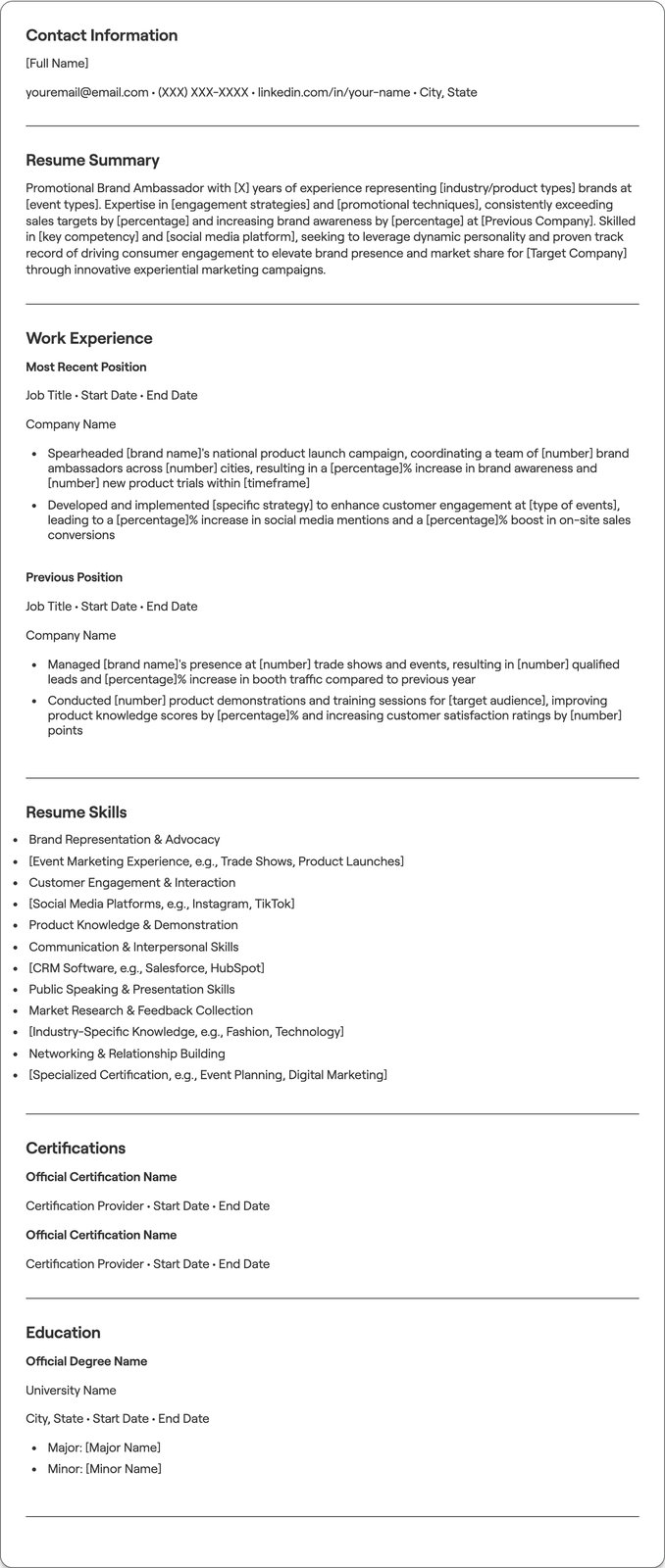Promotional Brand Ambassador resume example