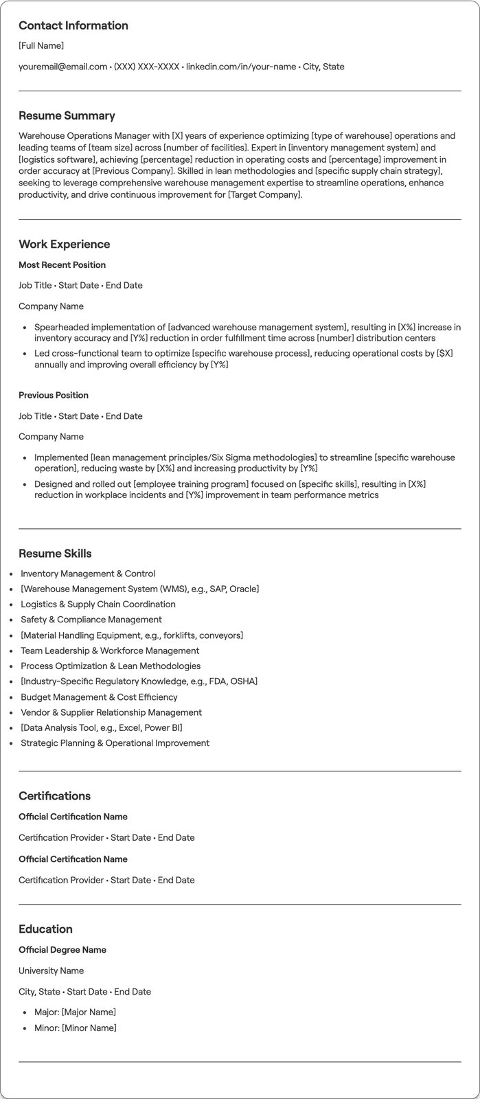 Warehouse Operations Manager resume example