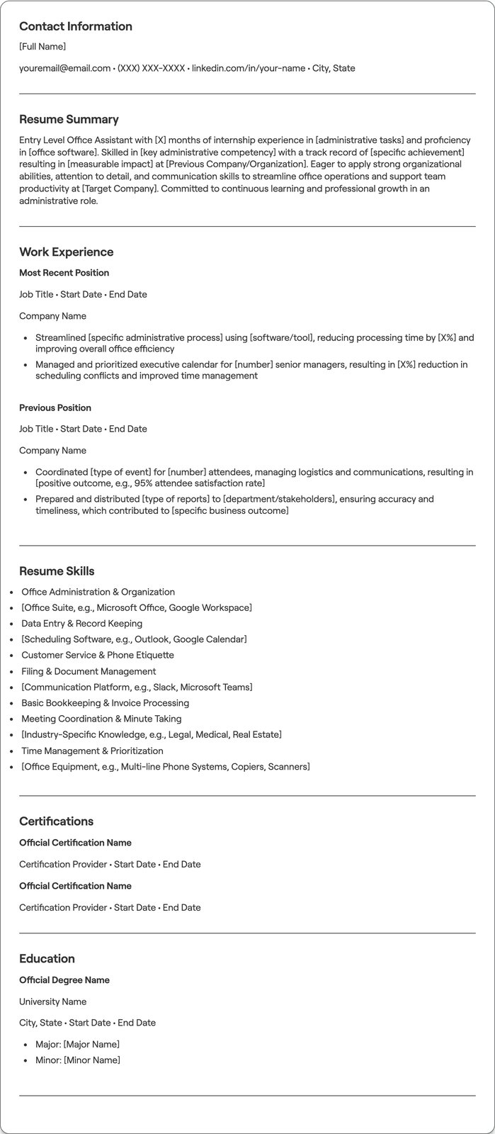 Entry Level Office Assistant resume example