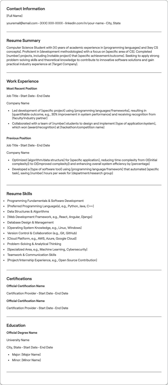 Computer Science Student resume example