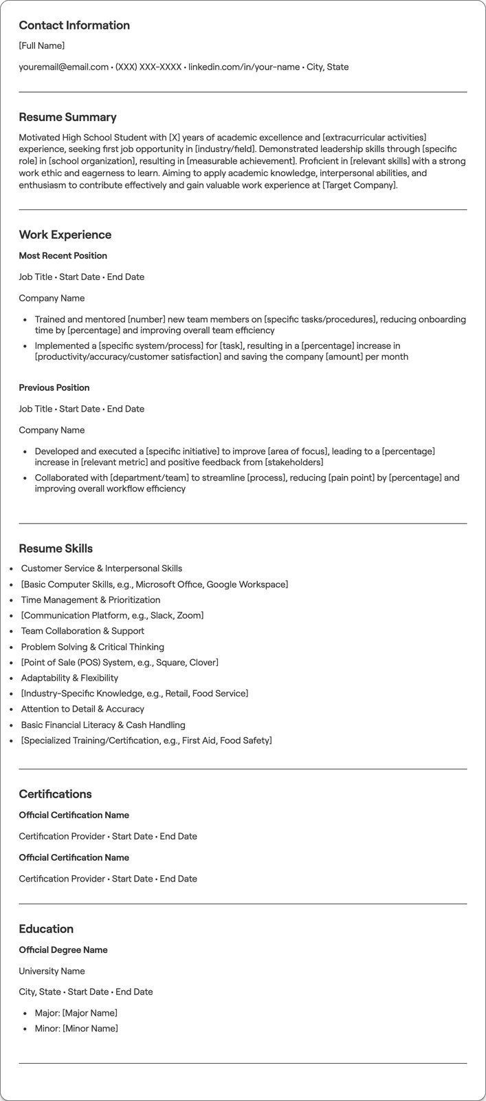 High School Student First Job resume example