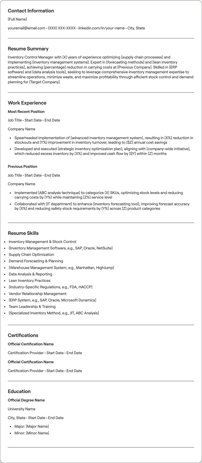 Inventory Control Manager resume example