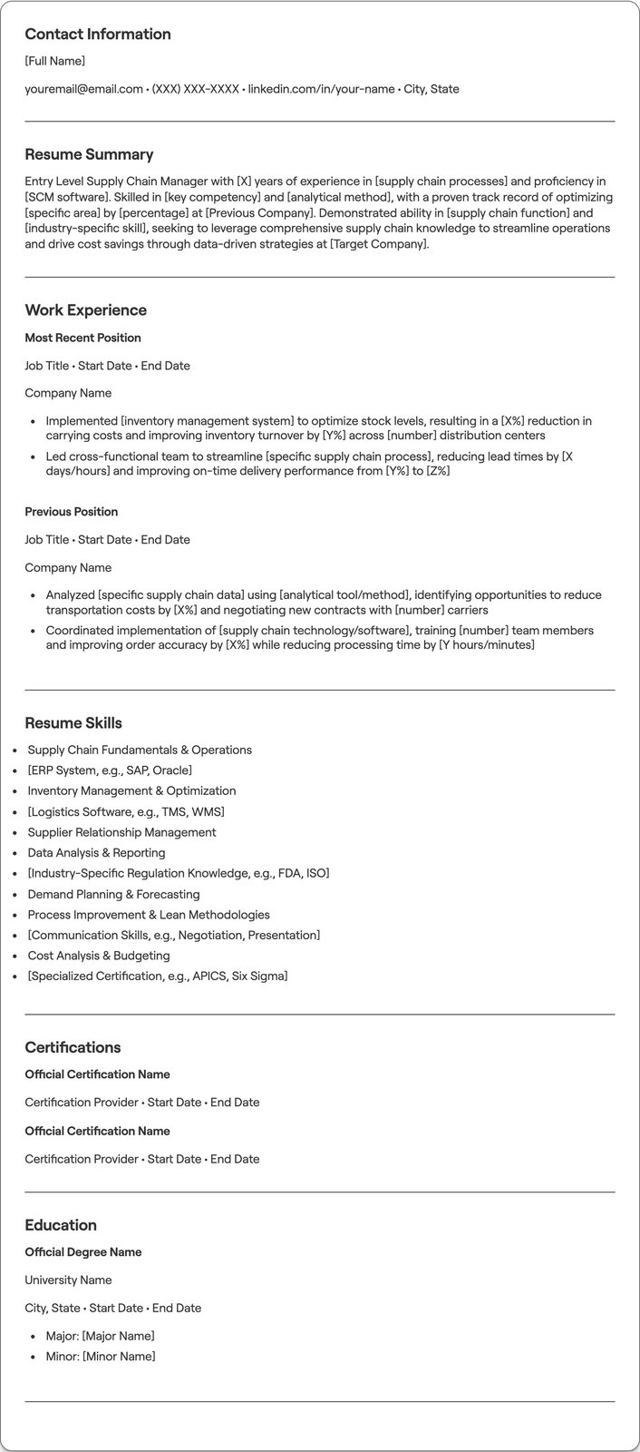 Entry Level Supply Chain Manager resume example