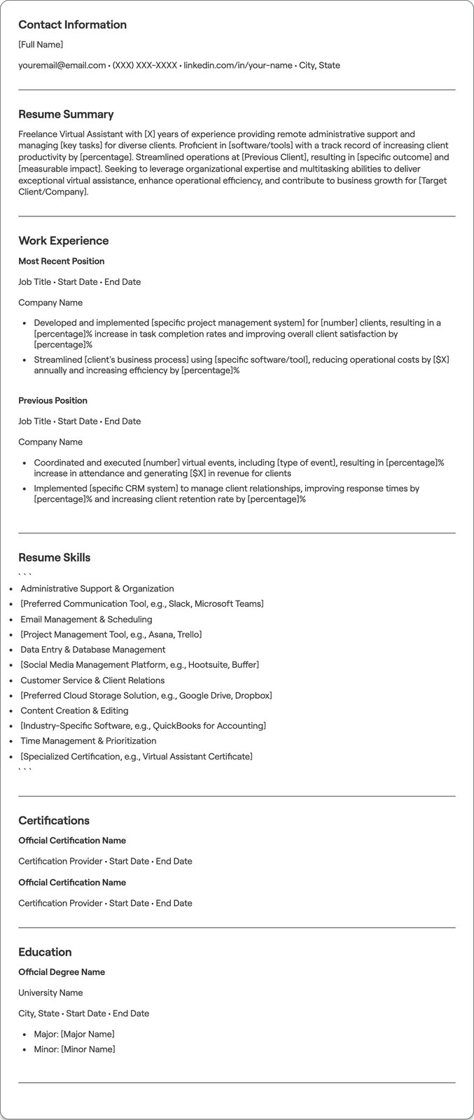 Freelance Virtual Assistant resume example