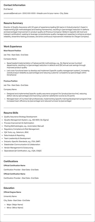Director of Quality Assurance resume example