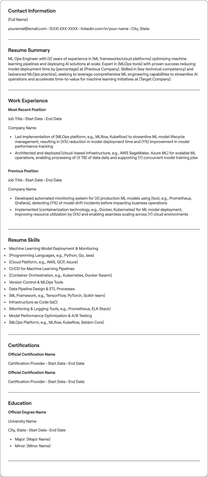 ML Ops Engineer resume example