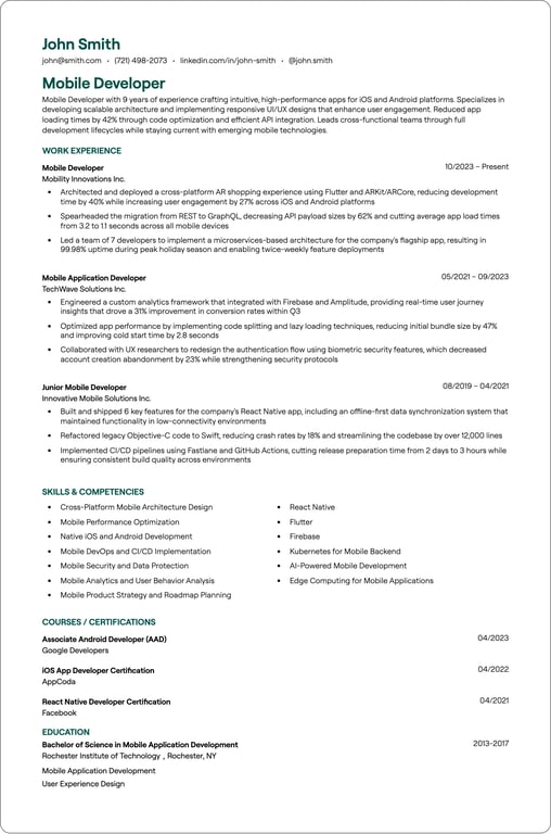 Mobile Developer resume example