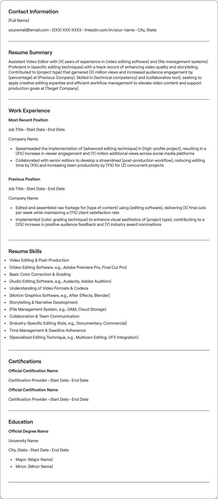 Assistant Video Editor resume example