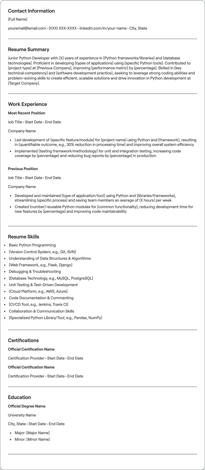 Junior Python Developer resume example