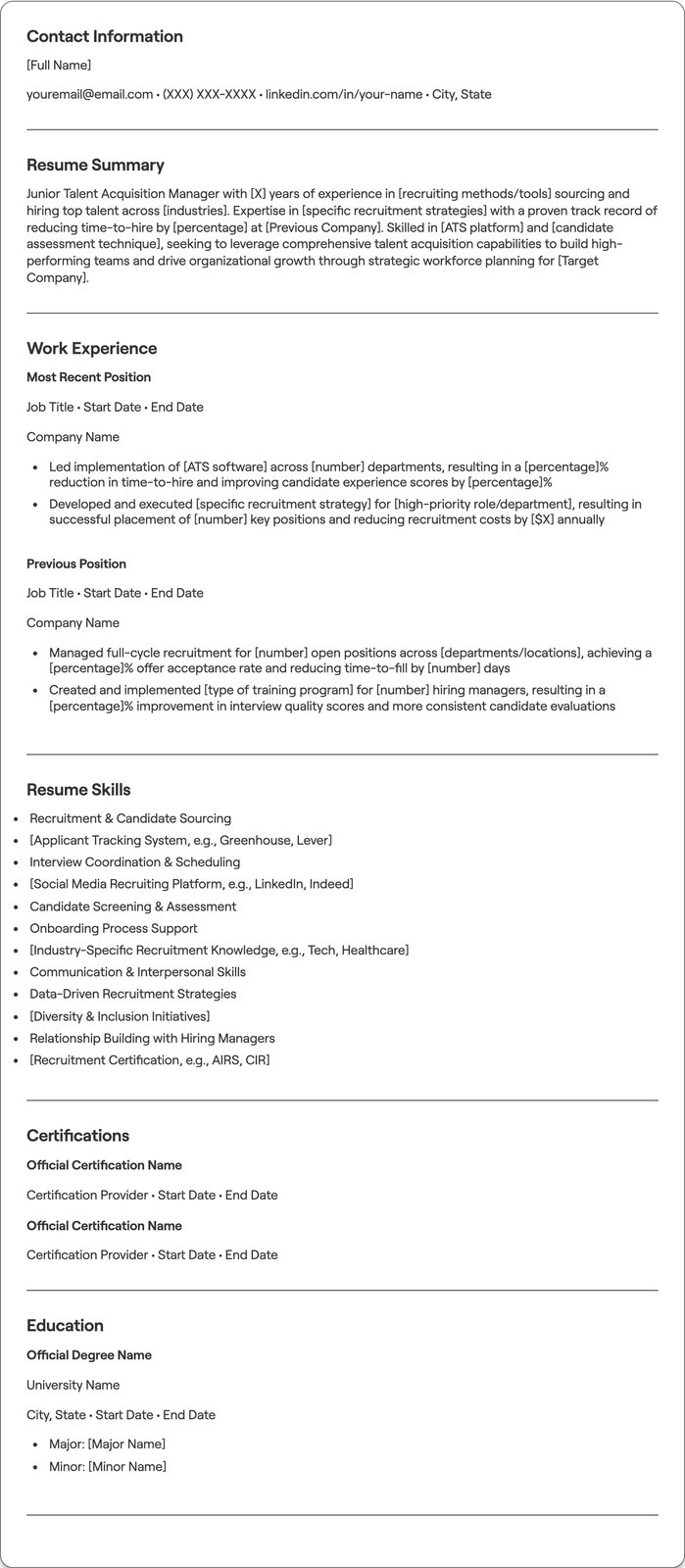 Junior Talent Acquisition Manager resume example