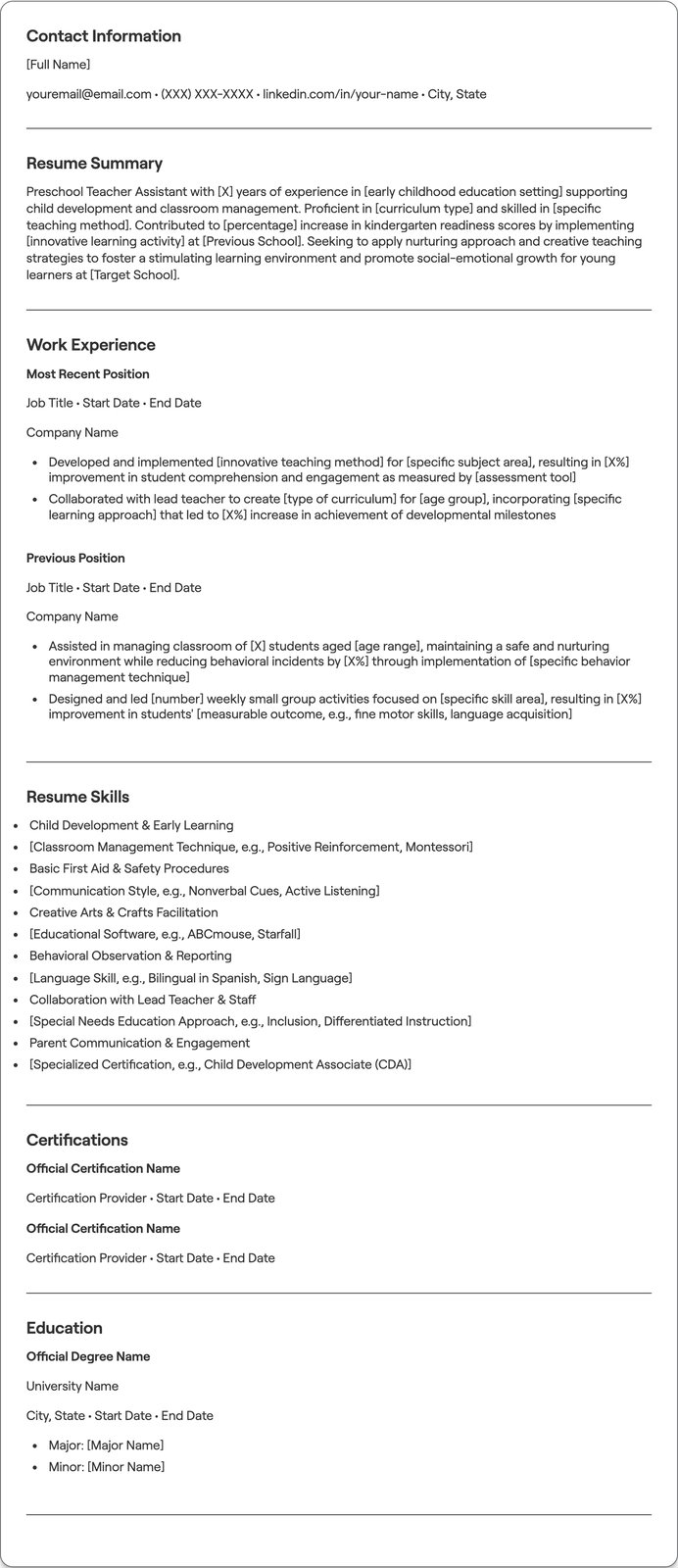 Preschool Teacher Assistant resume example