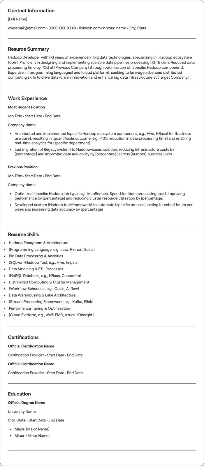 Hadoop Developer resume example