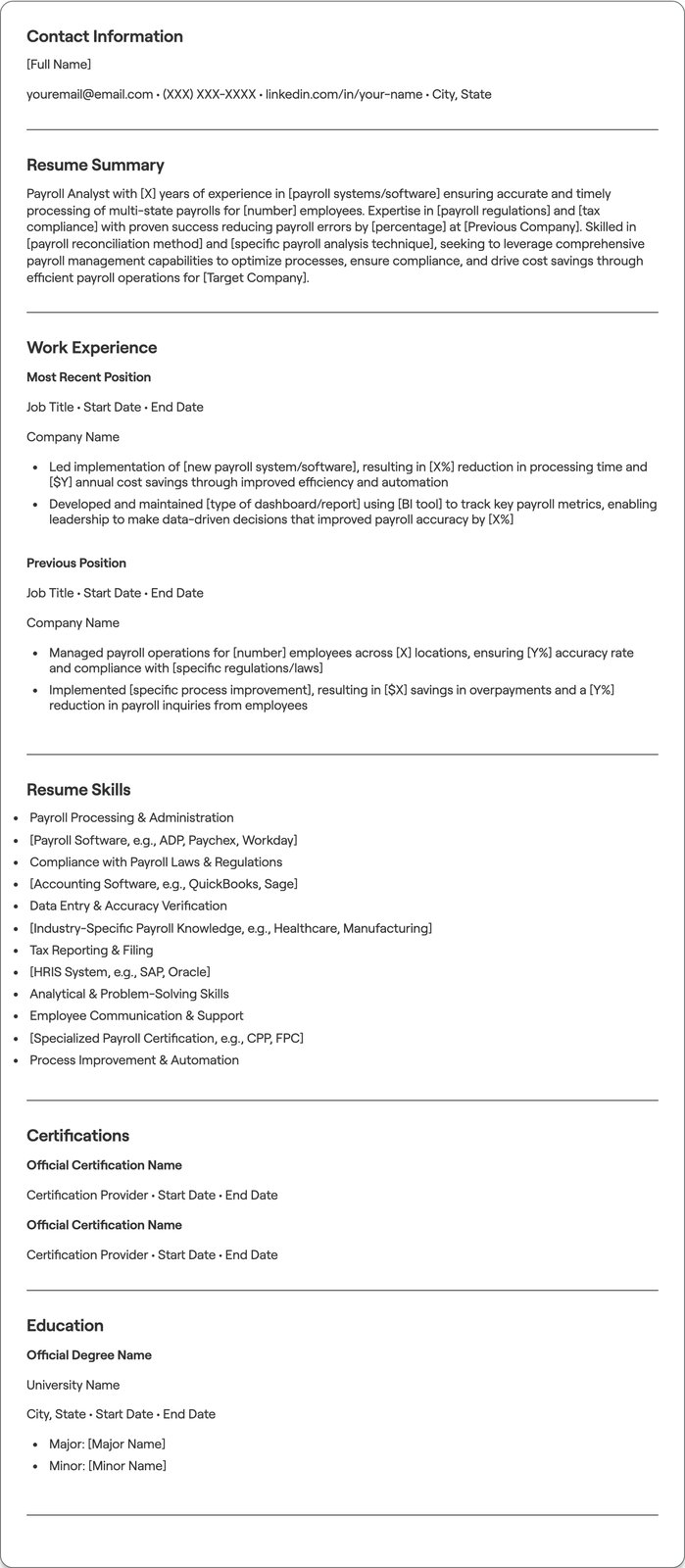 Payroll Analyst resume example