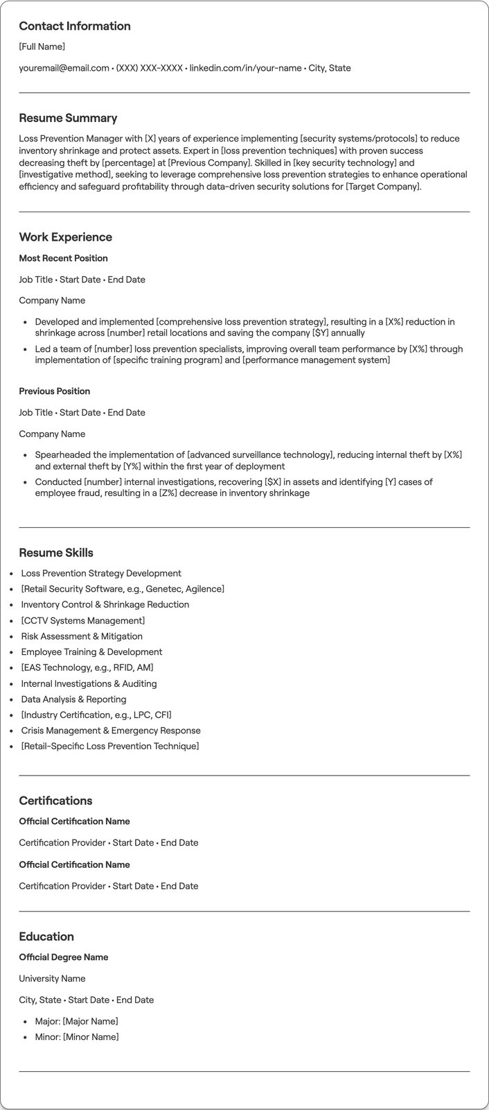 Loss Preventation Manager resume example