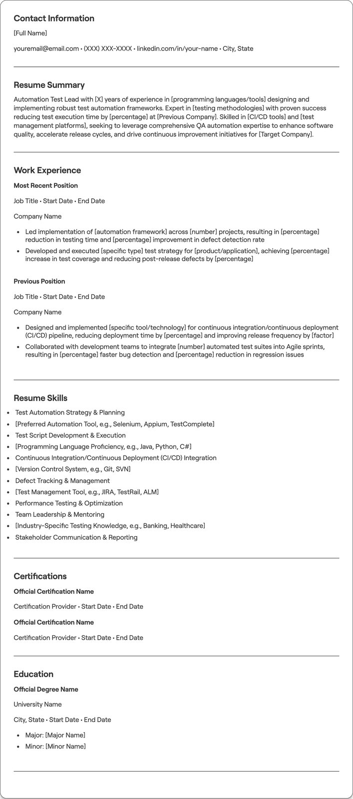 Automation Test Lead resume example