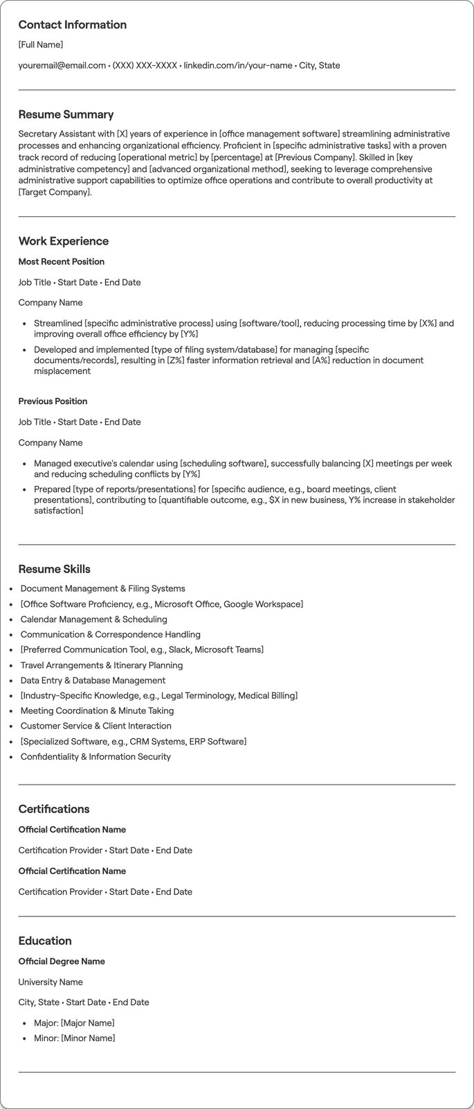 Secretary Assistant resume example