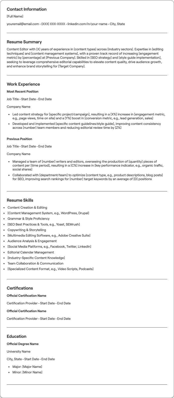 Content Editor resume example