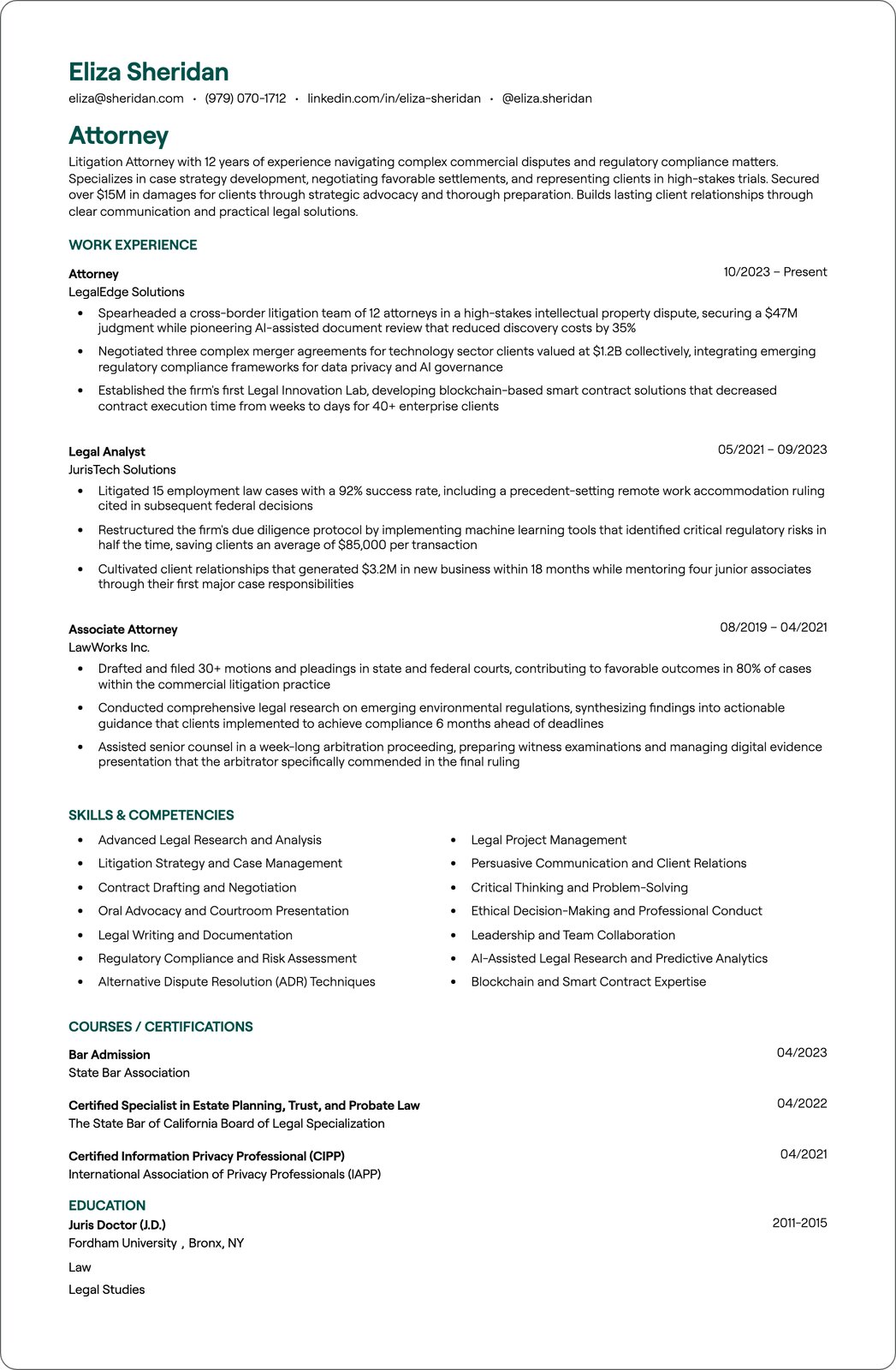 Corporate Attorney resume example