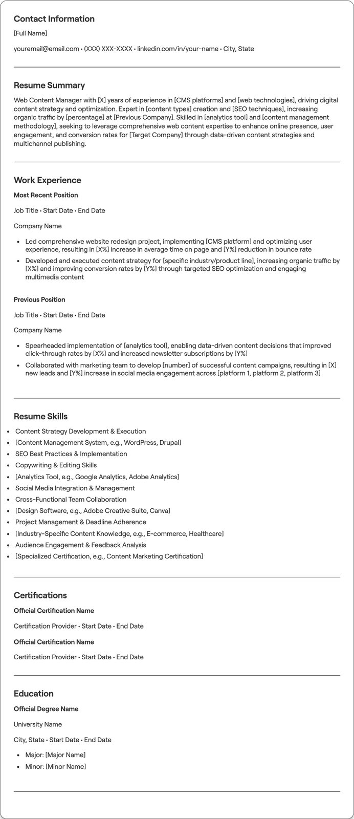 Web Content Manager resume example