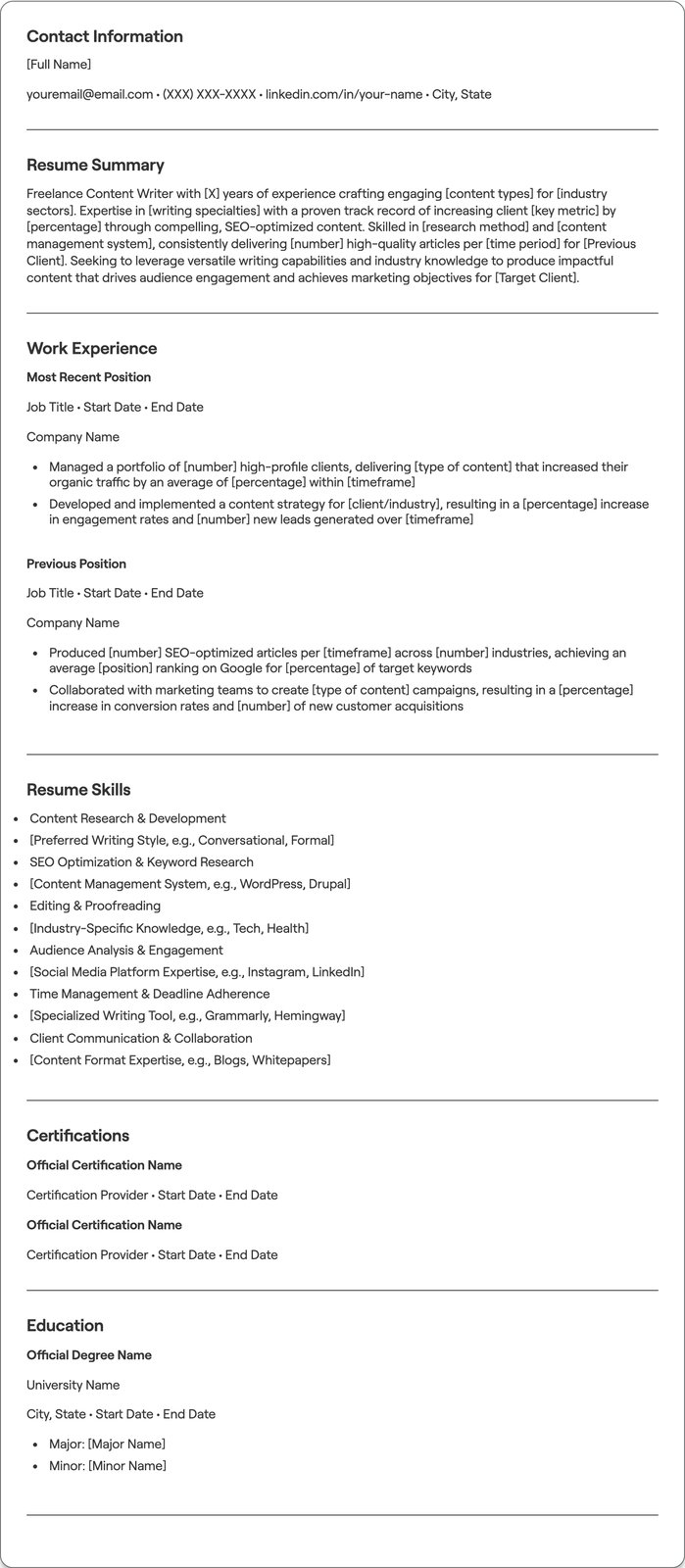 Freelance Content Writer resume example