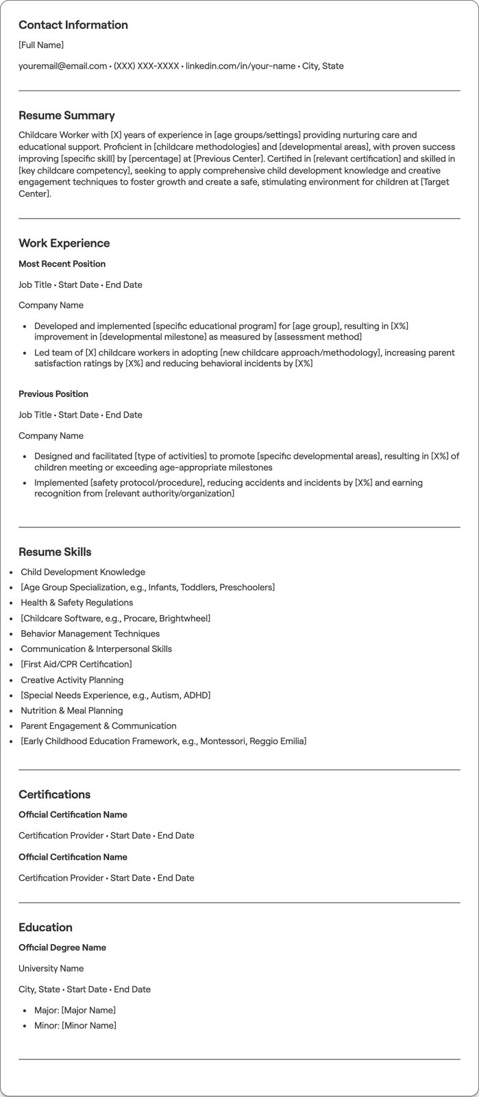 Childcare Worker resume example