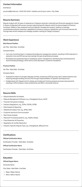 Dispute Analyst resume preview