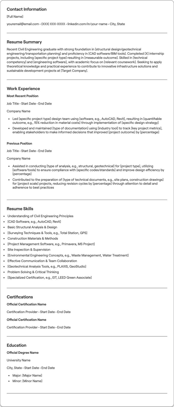 Fresher Civil Engineer resume example