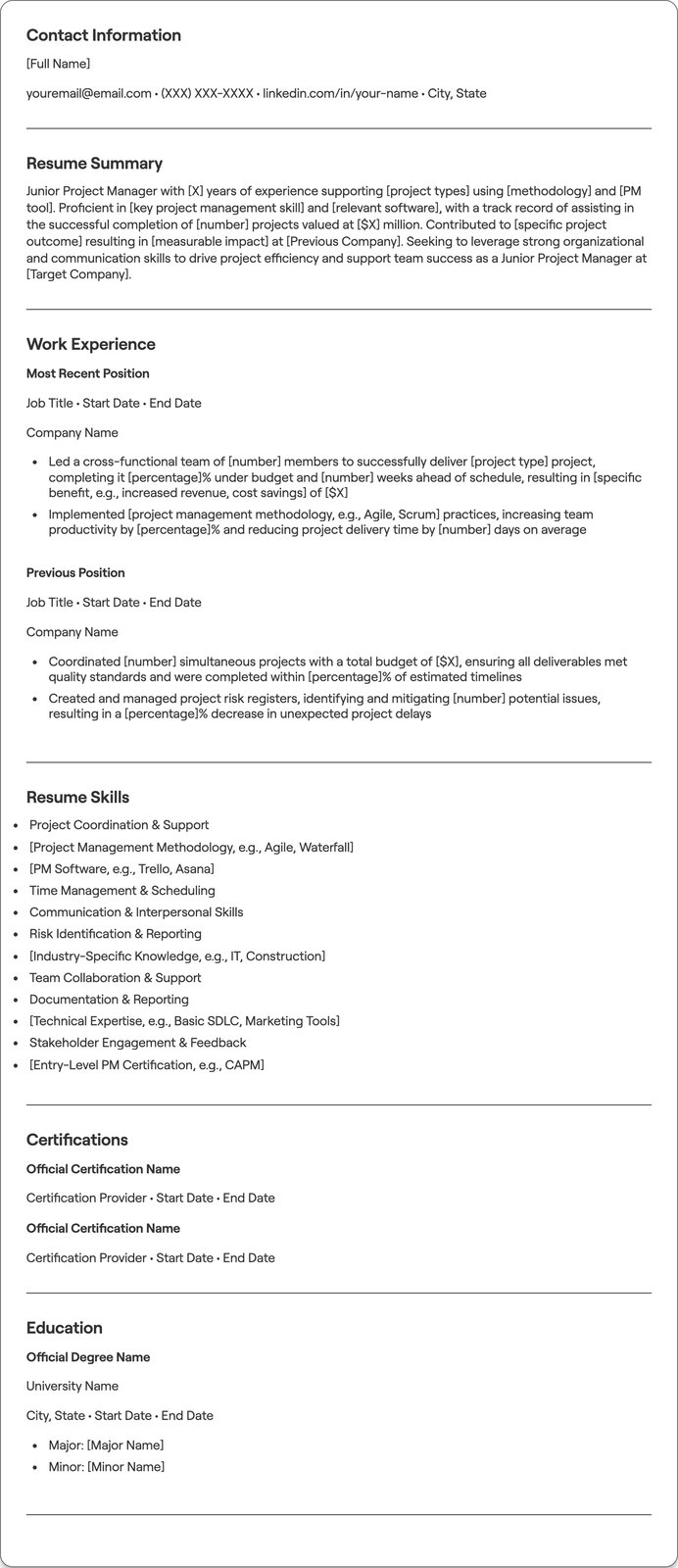 Junior Project Manager resume example