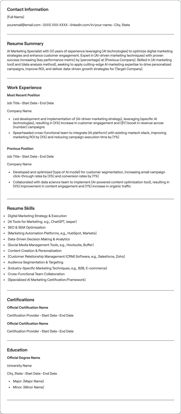 AI Marketing Specialist resume example