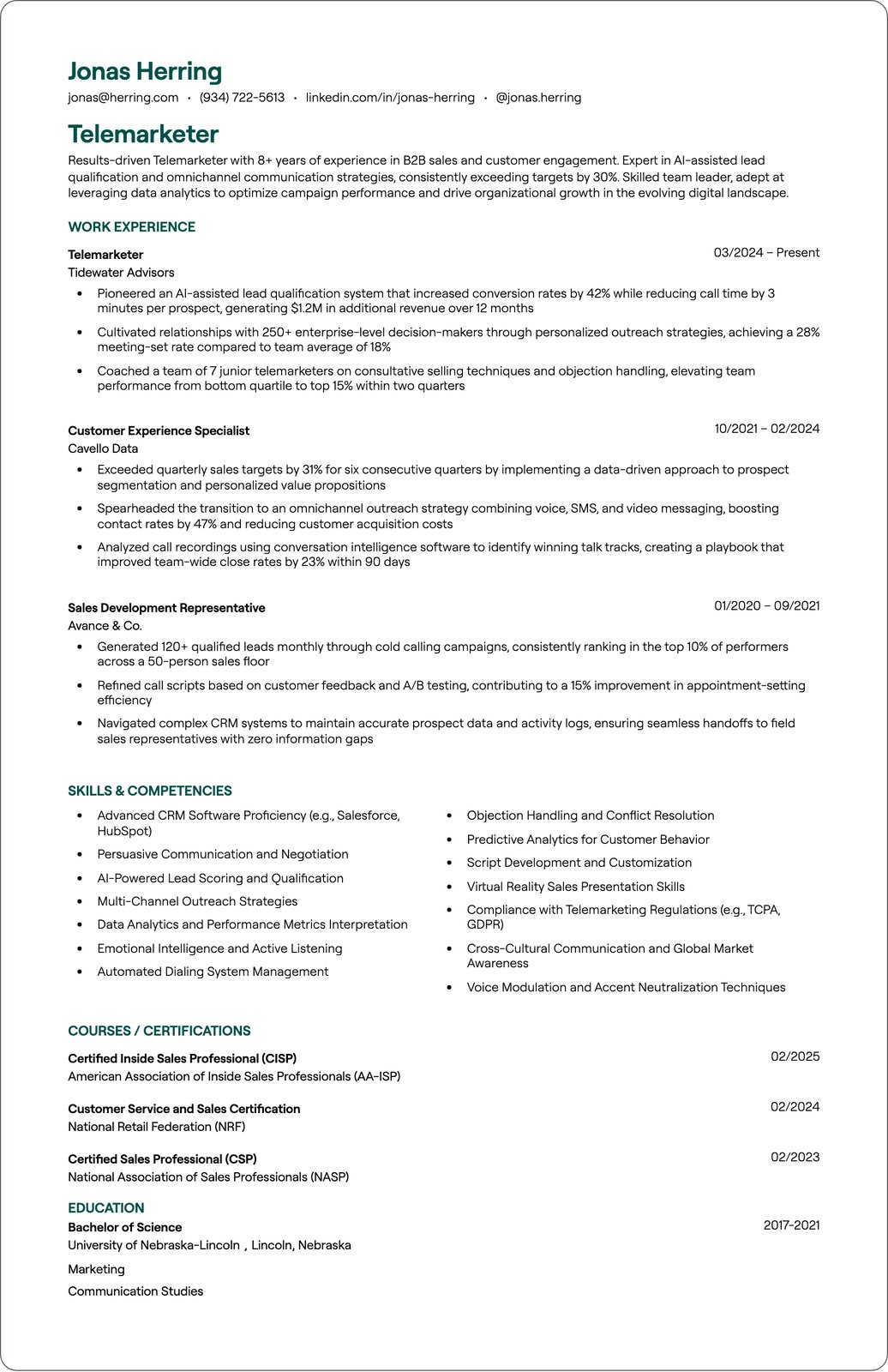 Telemarketer resume example