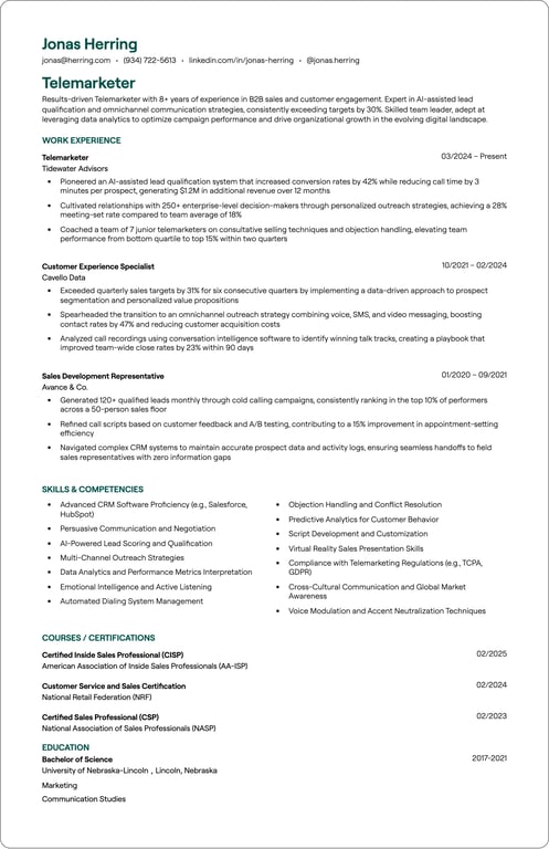 Telemarketer resume preview