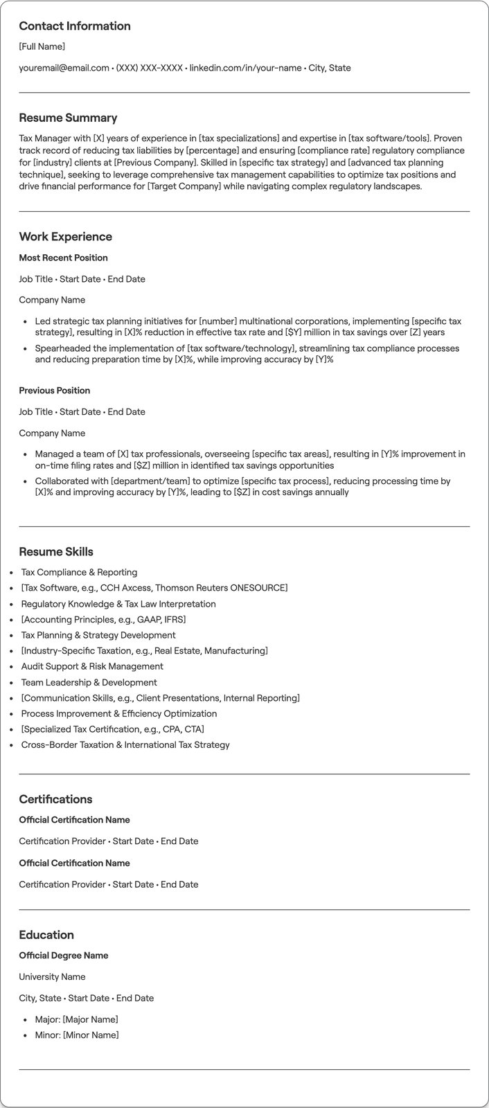 Tax Manager resume example