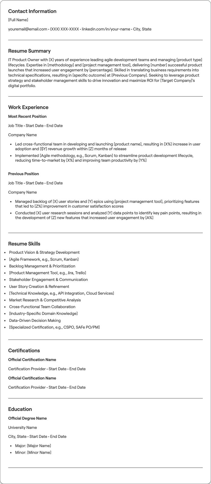 IT Product Owner resume example