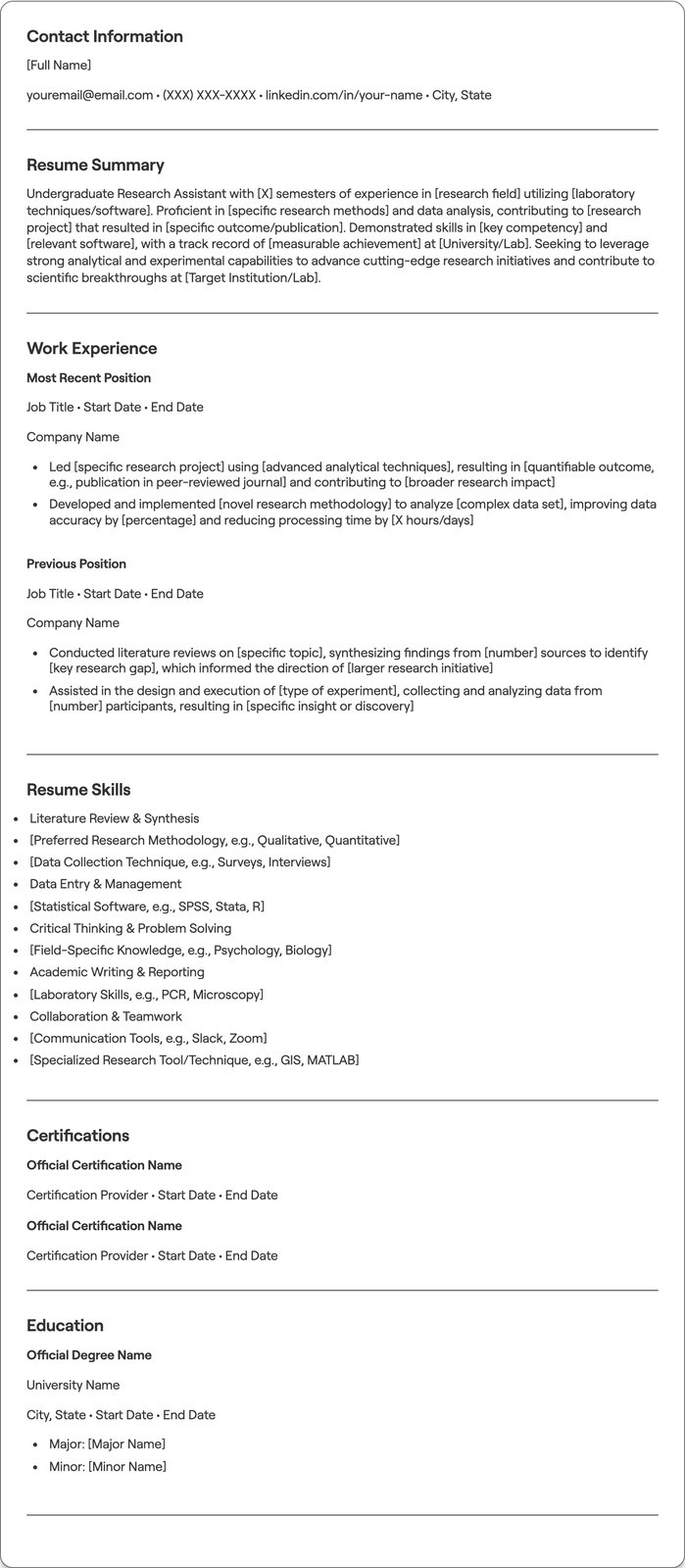 Undergraduate Research Assistant resume example