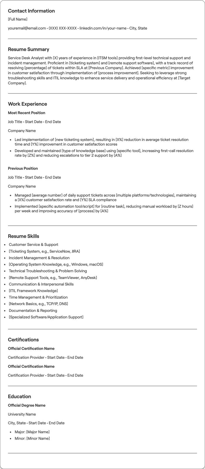 Service Desk Analyst resume example