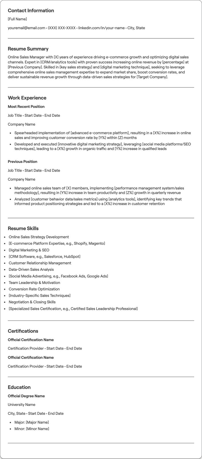 Online Sales Manager resume example