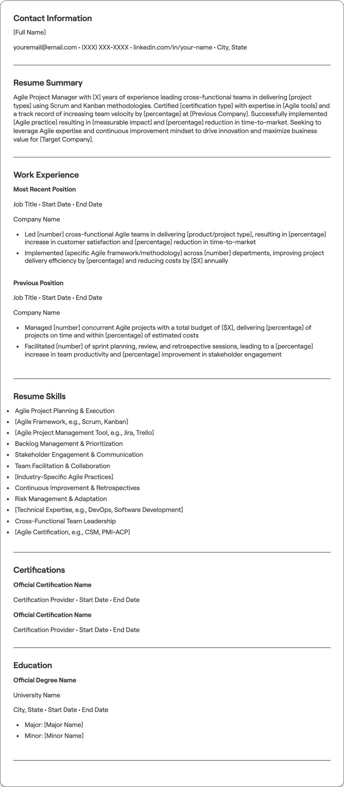 Agile Project Manager resume example