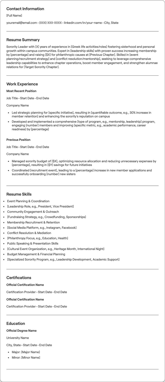 Sorority resume example