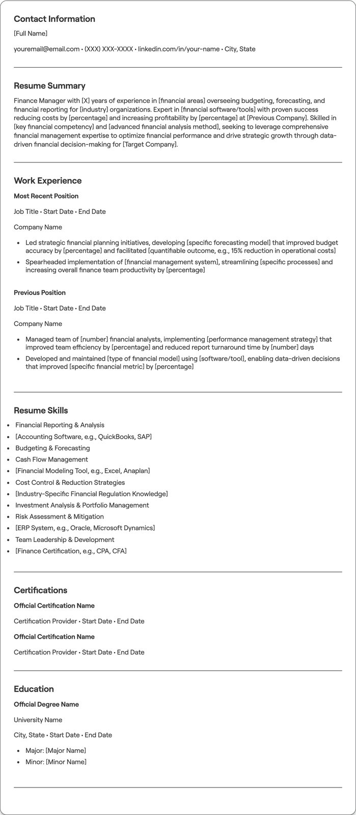 Finance Manager resume example