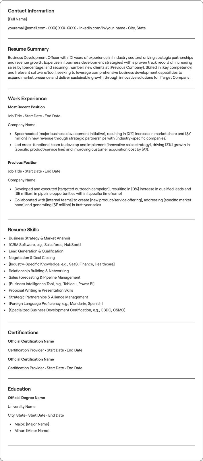 Business Development Officer resume example