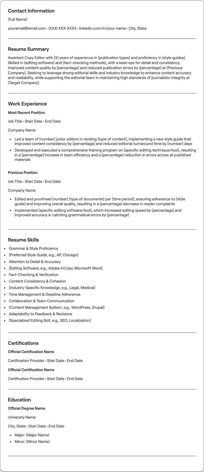 Assistant Copy Editor resume example