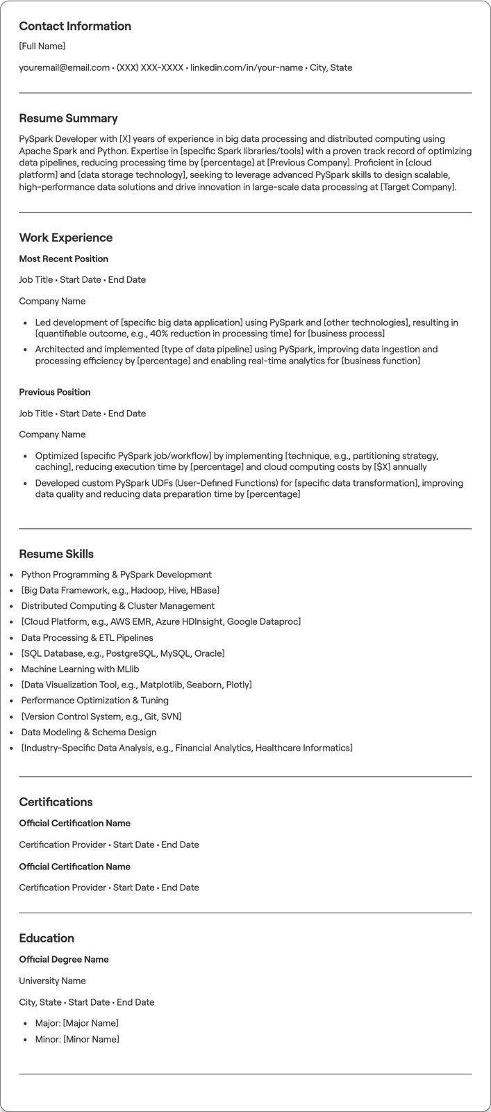 PySpark Developer resume example