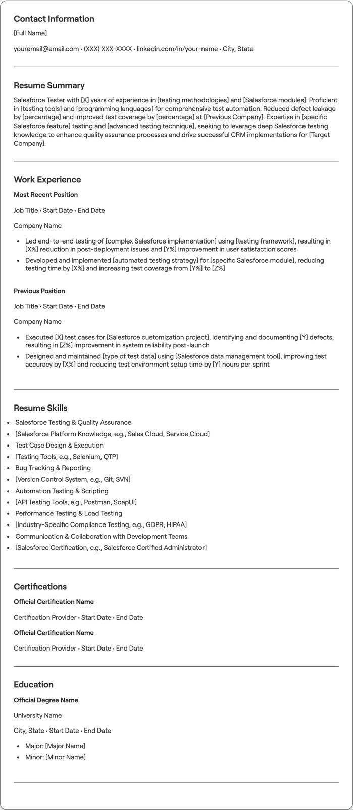 Salesforce Tester resume example