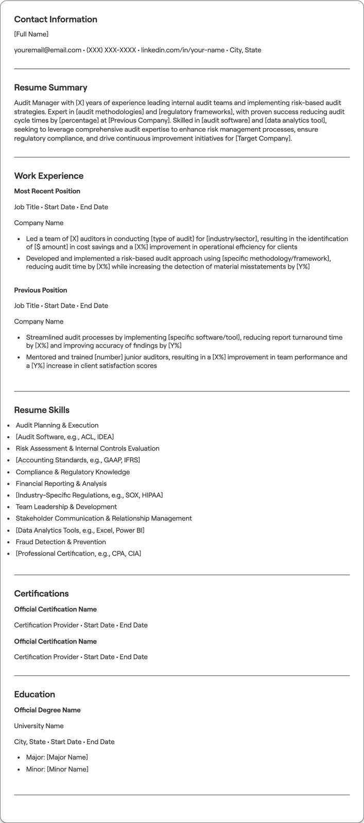 Audit Manager resume example