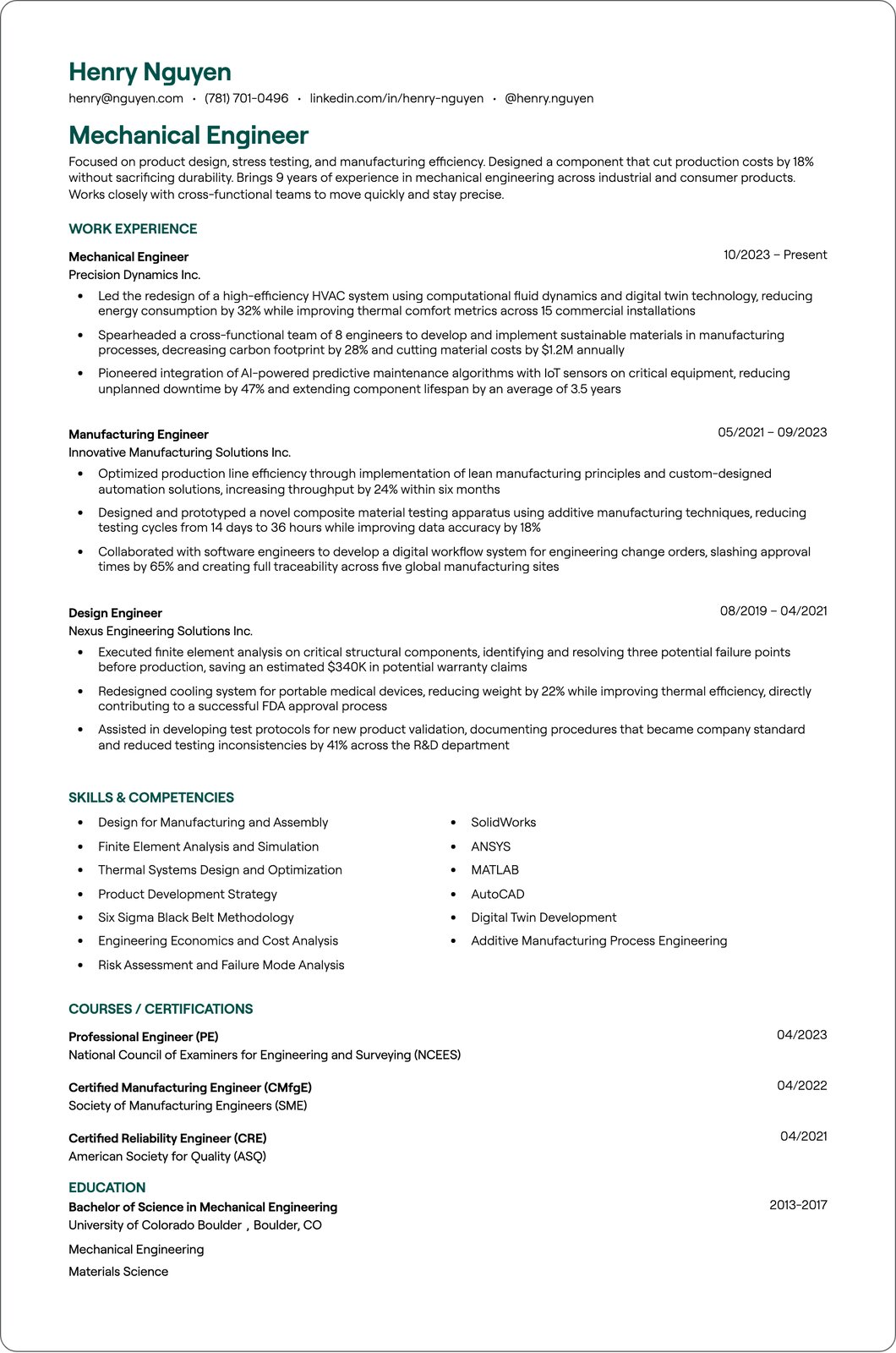 Mechanical Design Engineer resume example