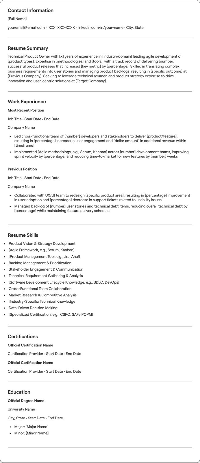 Technical Product Owner resume example