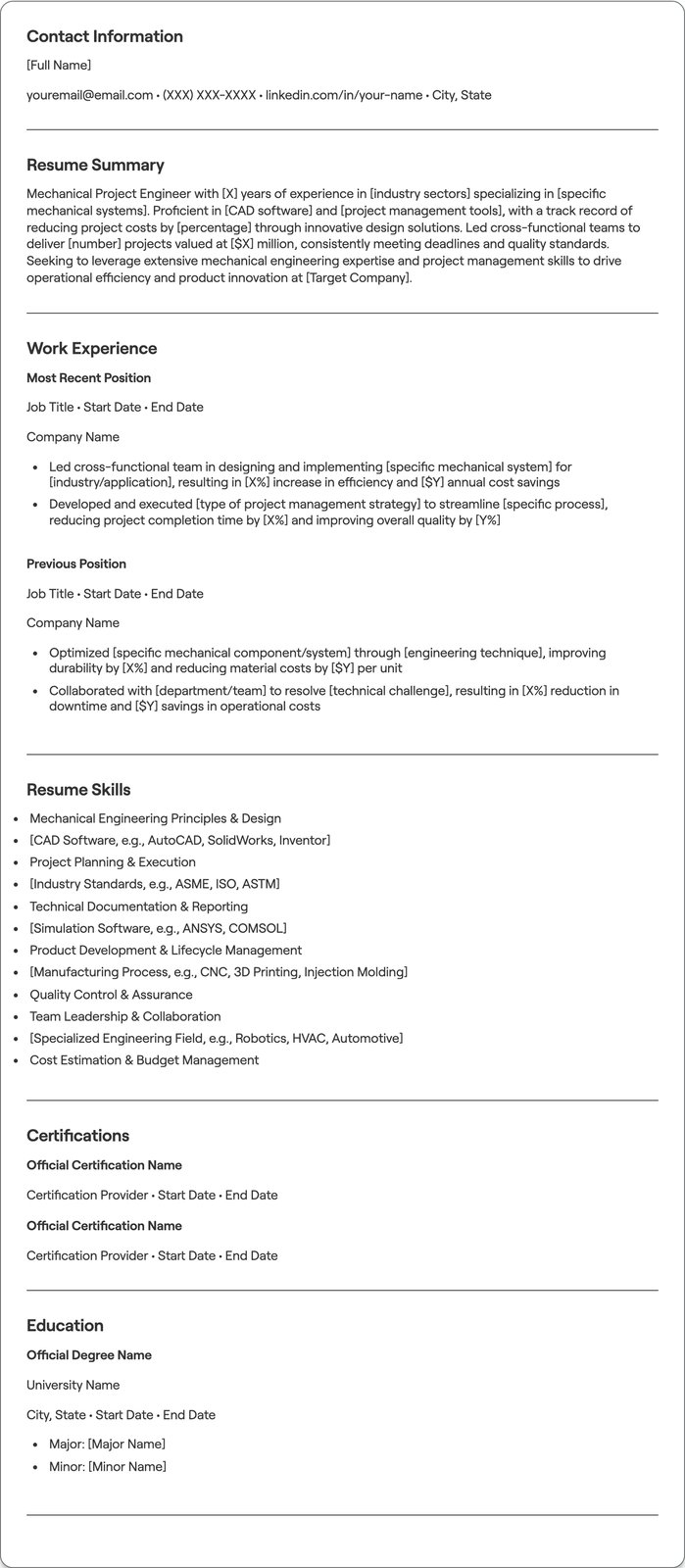 Mechanical Project Engineer resume example