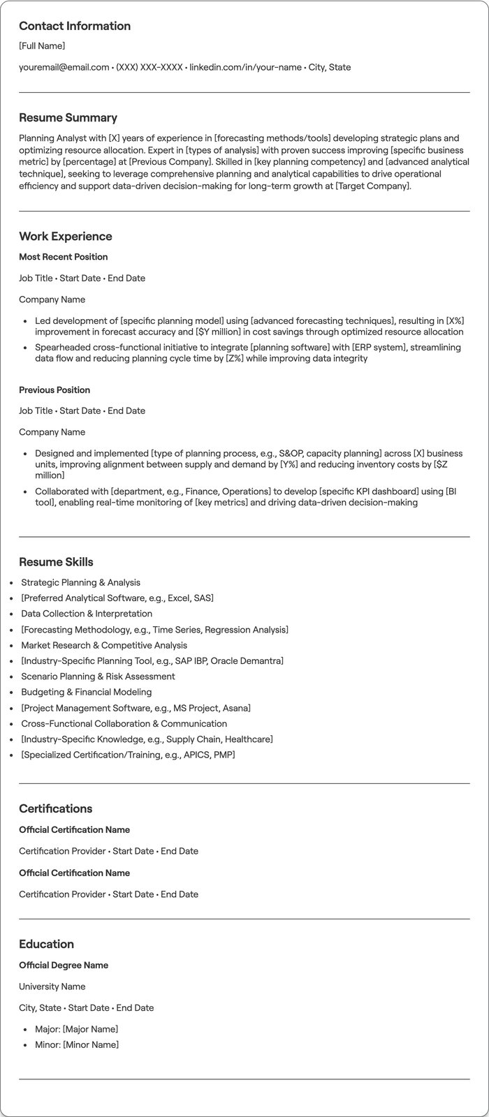 Planning Analyst resume example